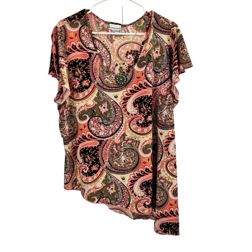 Fashion Bug Top Womens 22/24 3X Pink Paisley Asymmetrical Vtg Made in USA 90s